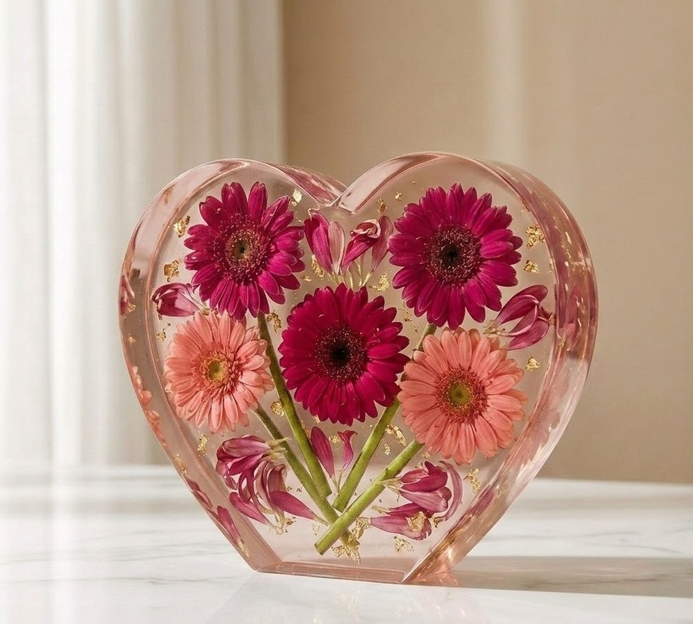 Corazón Grande — rosa con gerberas