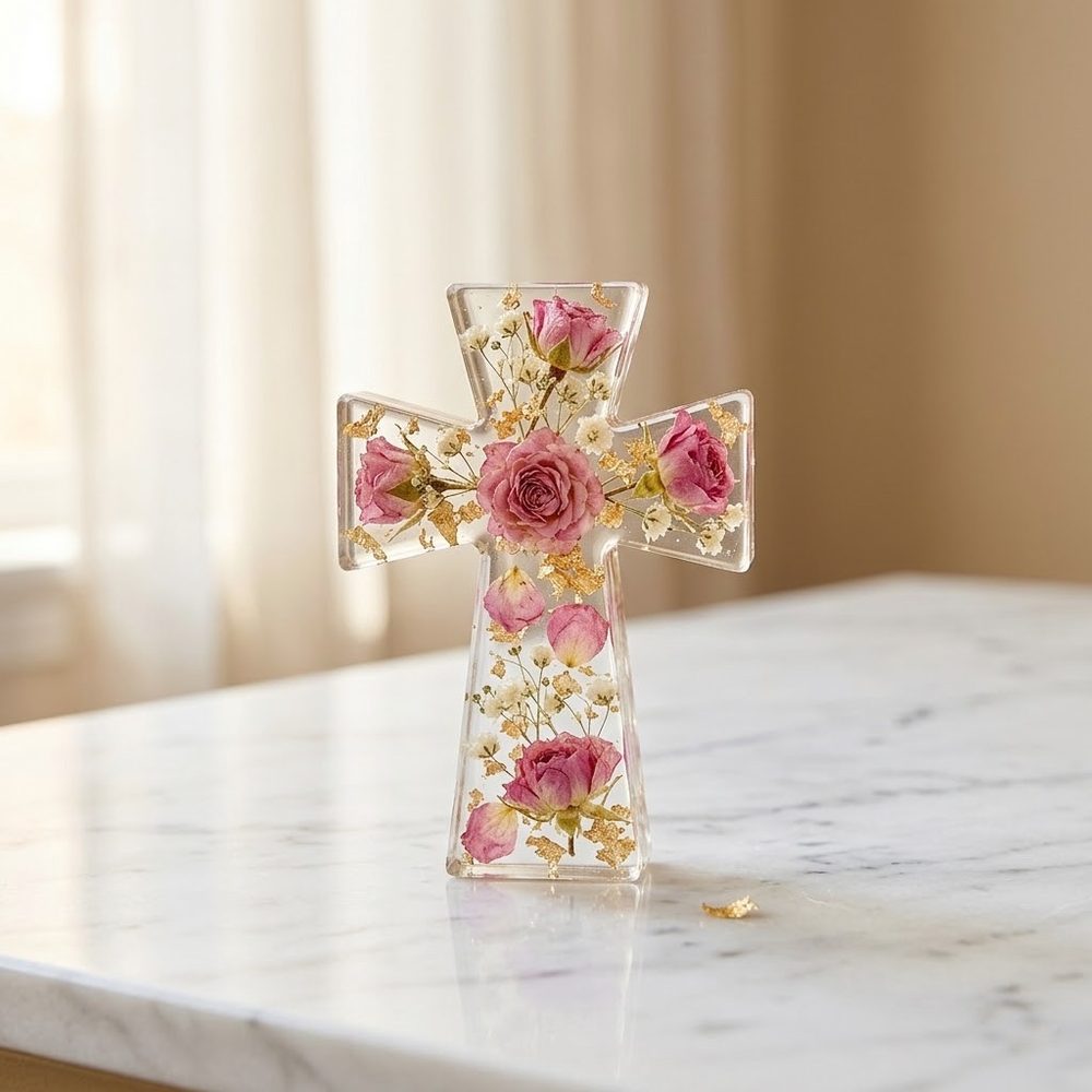 Cruz Pequeña — transparente con rosas