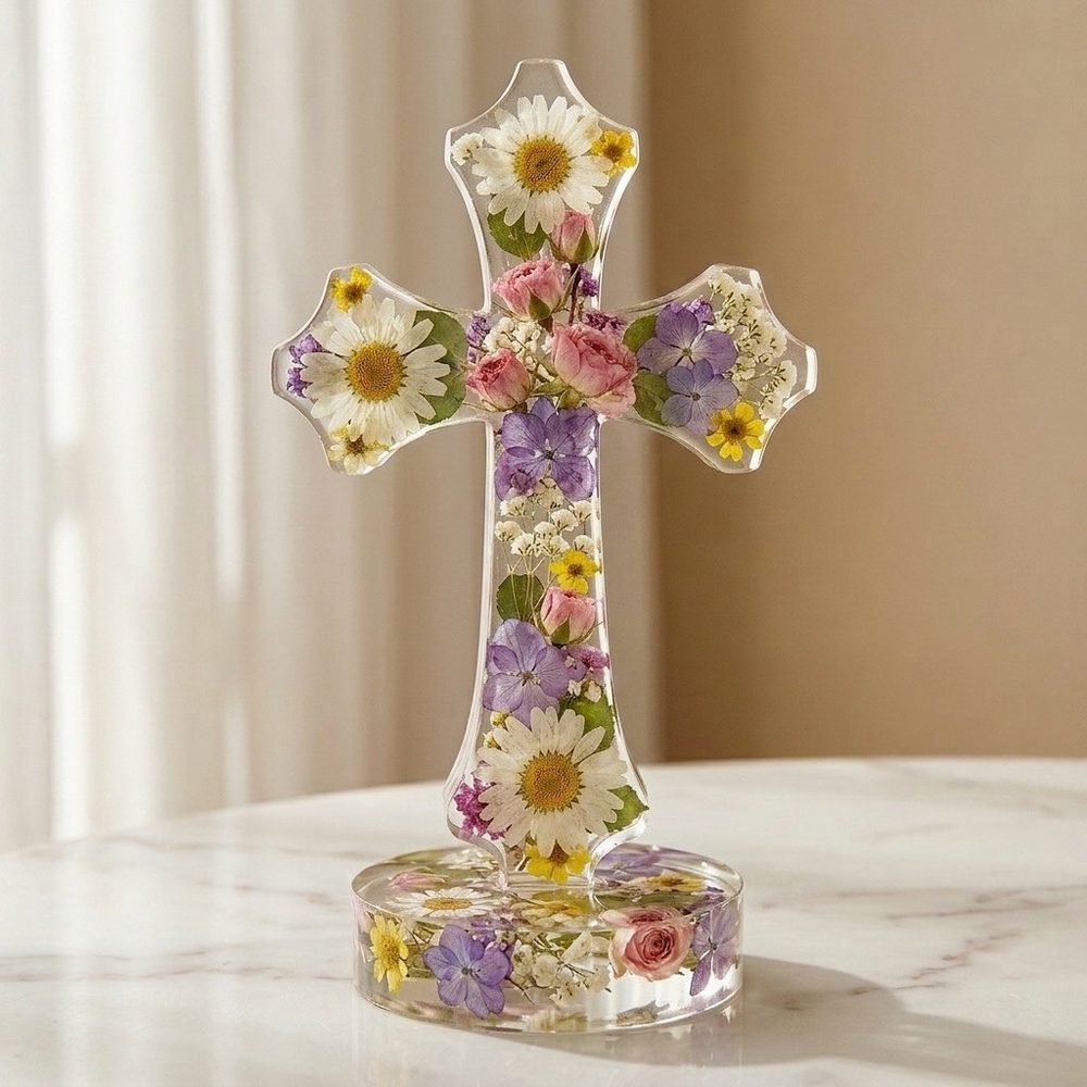 Cruz con Pedestal — flores variadas