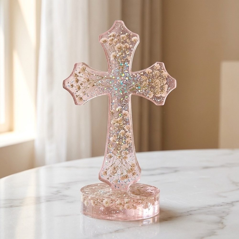 Cruz con Pedestal — rosa con glitter